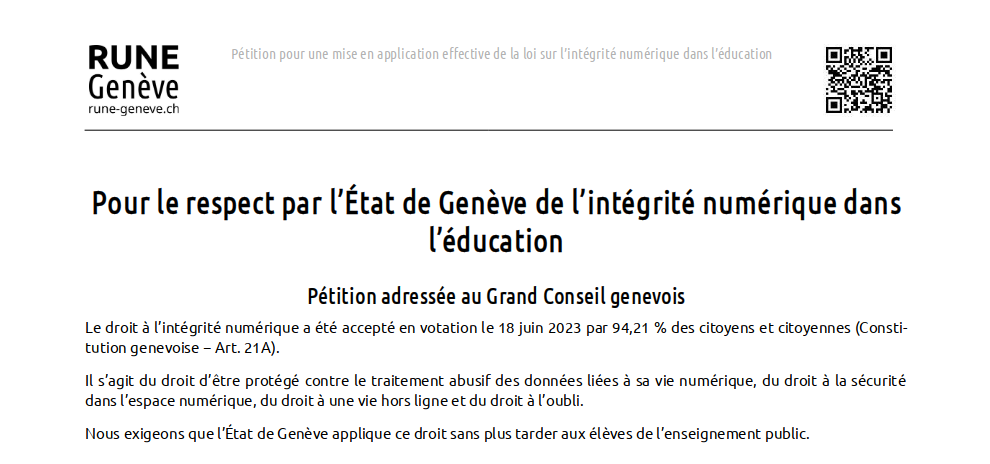 Pétition pour le respect par l’État de Genève de l’intégrité numérique dans l’éducation